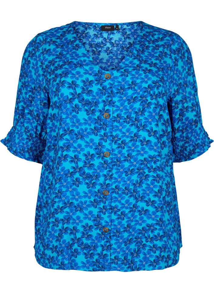  Viskosebluse mit Knöpfen, Blue Small Flower, Packshot image number 0
