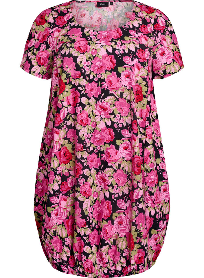 Kurzärmliges Baumwollkleid mit Print, Schwarz, Packshot image number 0