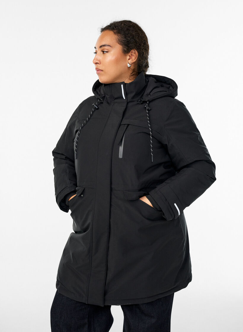 Wasserabweisender Parka mit Kapuze und funktionellen Details, Schwarz, Model image number 0