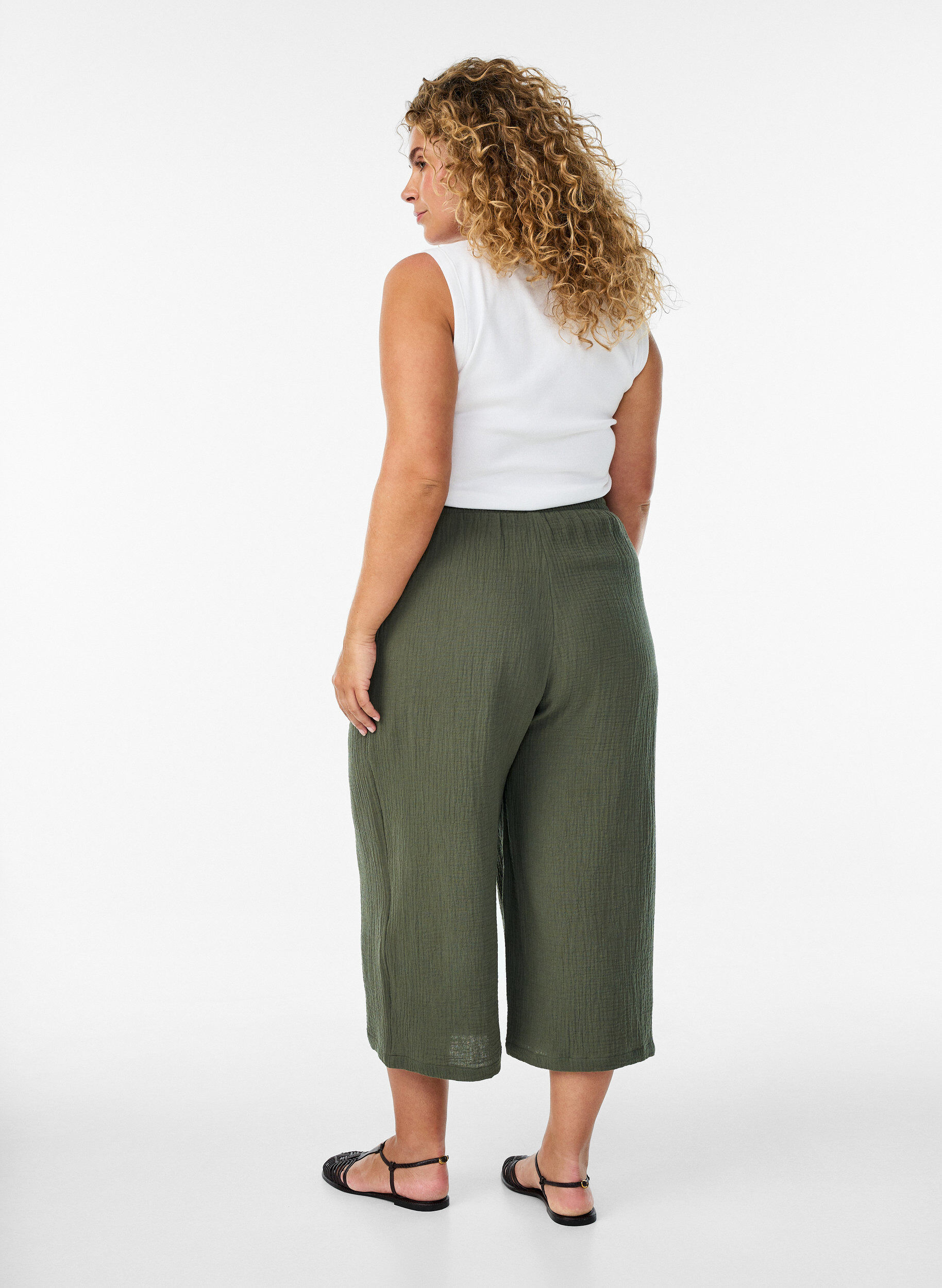 Zizzi Culotte-Hose aus Baumwollmusselin mit hohem Bund, Gr&uuml;n, Model image number 1