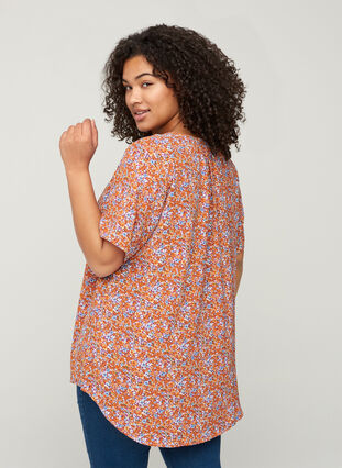 Bluse mit kurzen Ärmeln und V-Ausschnitt, Orange Flower AOP, Model image number 1