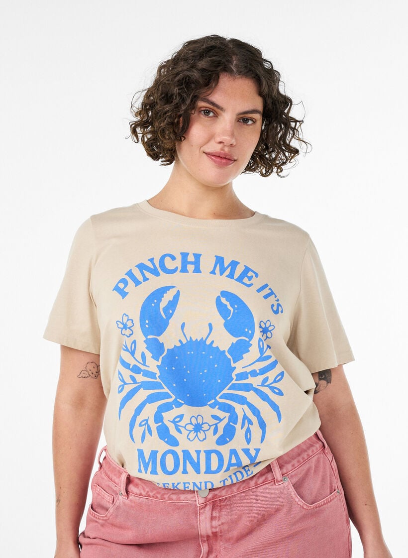 T-shirt aus Baumwolle mit Print, Beige, Model image number 0