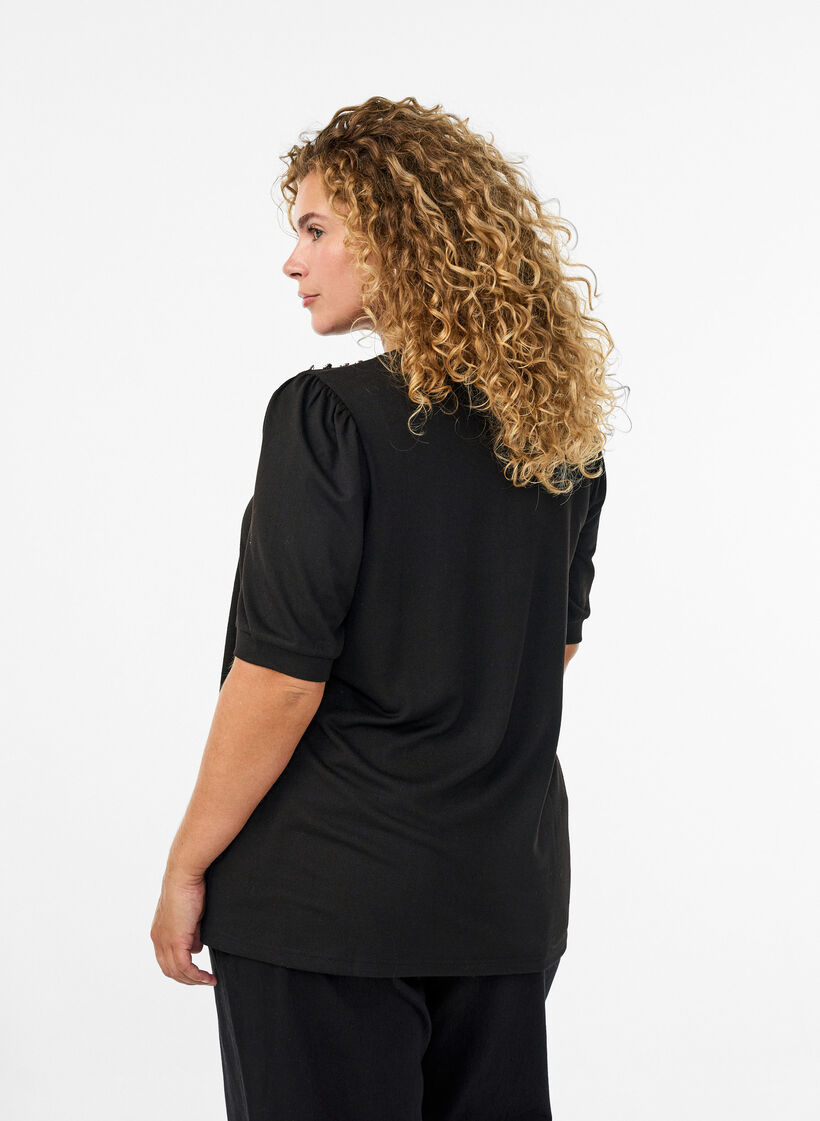 Bluse mit Knopfdetail und kurzen Puff&auml;rmeln, Schwarz, Model image number 2