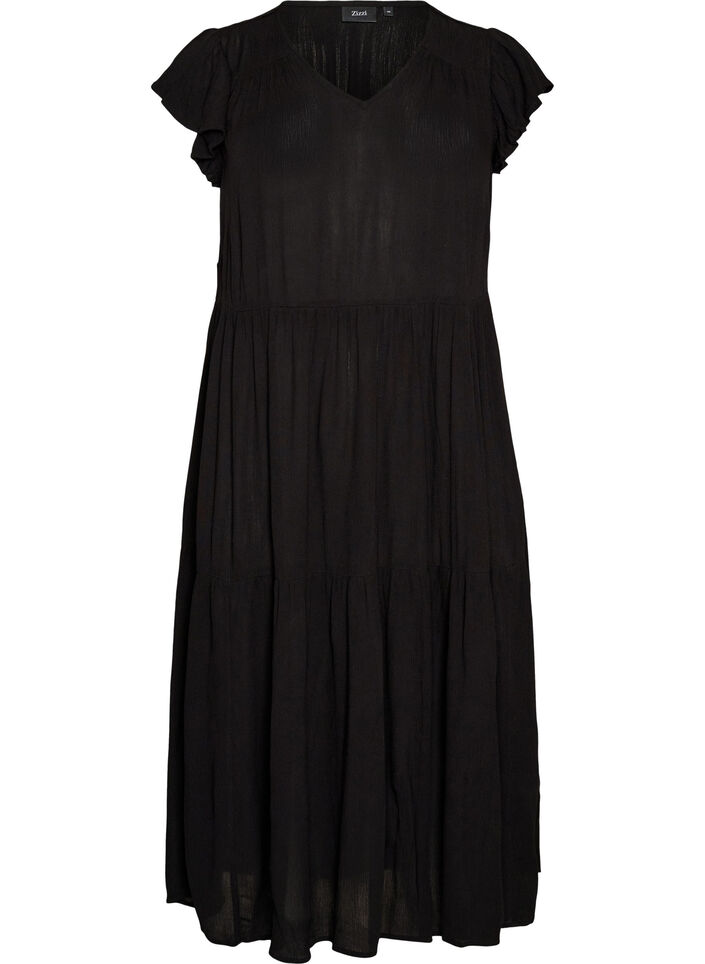 Midikleid aus Viskose mit R&uuml;schen&auml;rmeln, Schwarz, Packshot image number 0