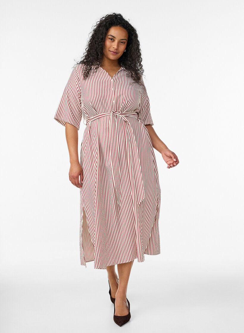 Kn&ouml;chellanges Hemdblusenkleid mit Bindeg&uuml;rtel und Streifen, Rot, Model image number 0