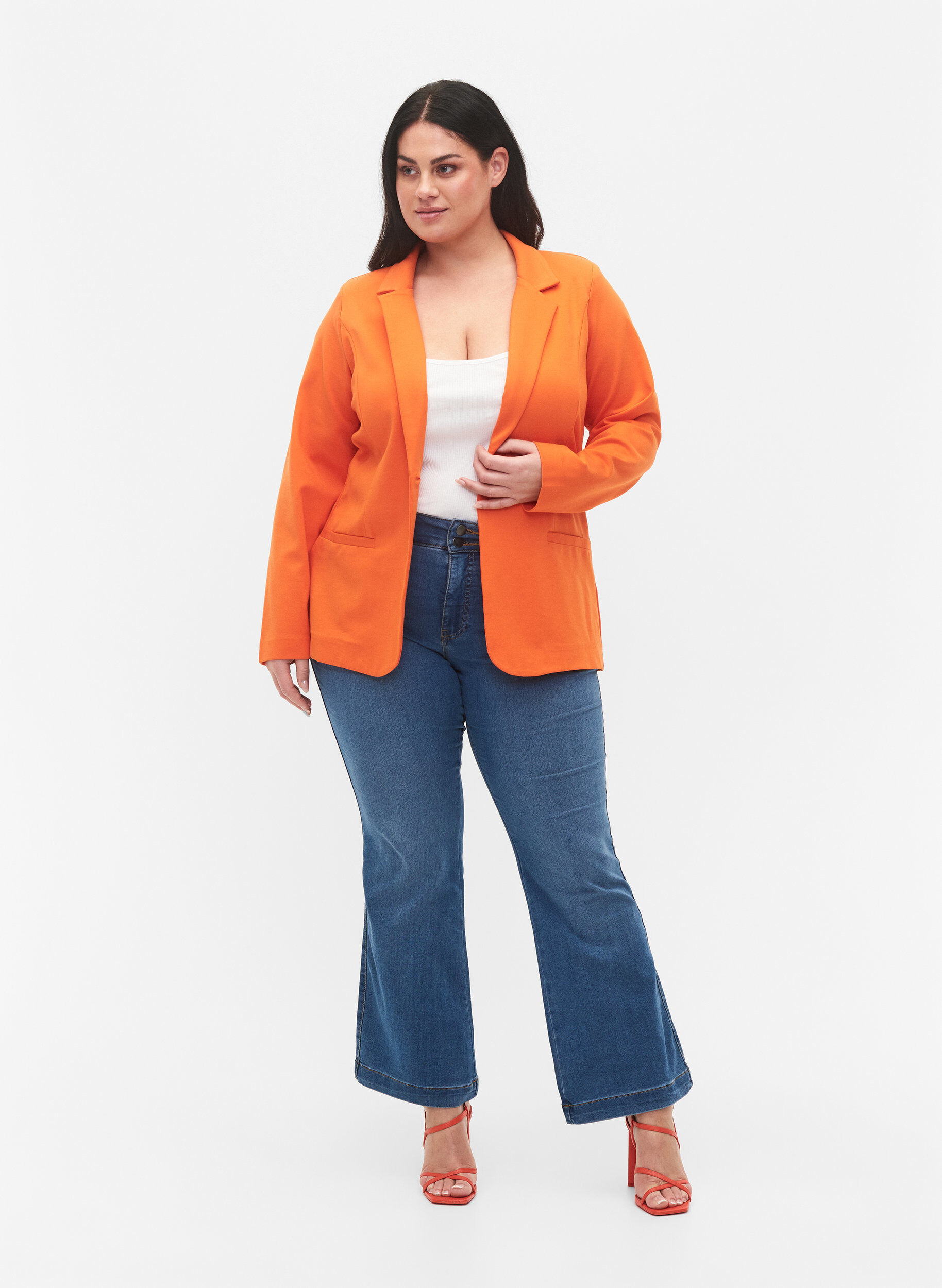 Zizzi Schlichter Blazer mit Knopf und Dekorationstaschen, Mandarin Orange, Model image number 2