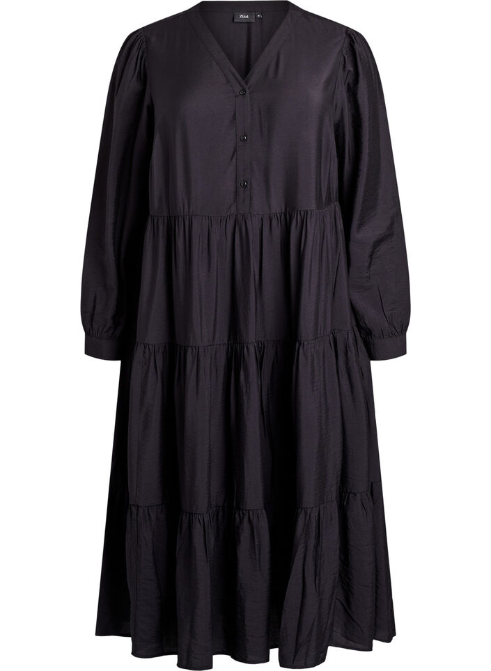 Midikleid mit V-Ausschnitt und A-Linienform, Schwarz, Packshot image number 0