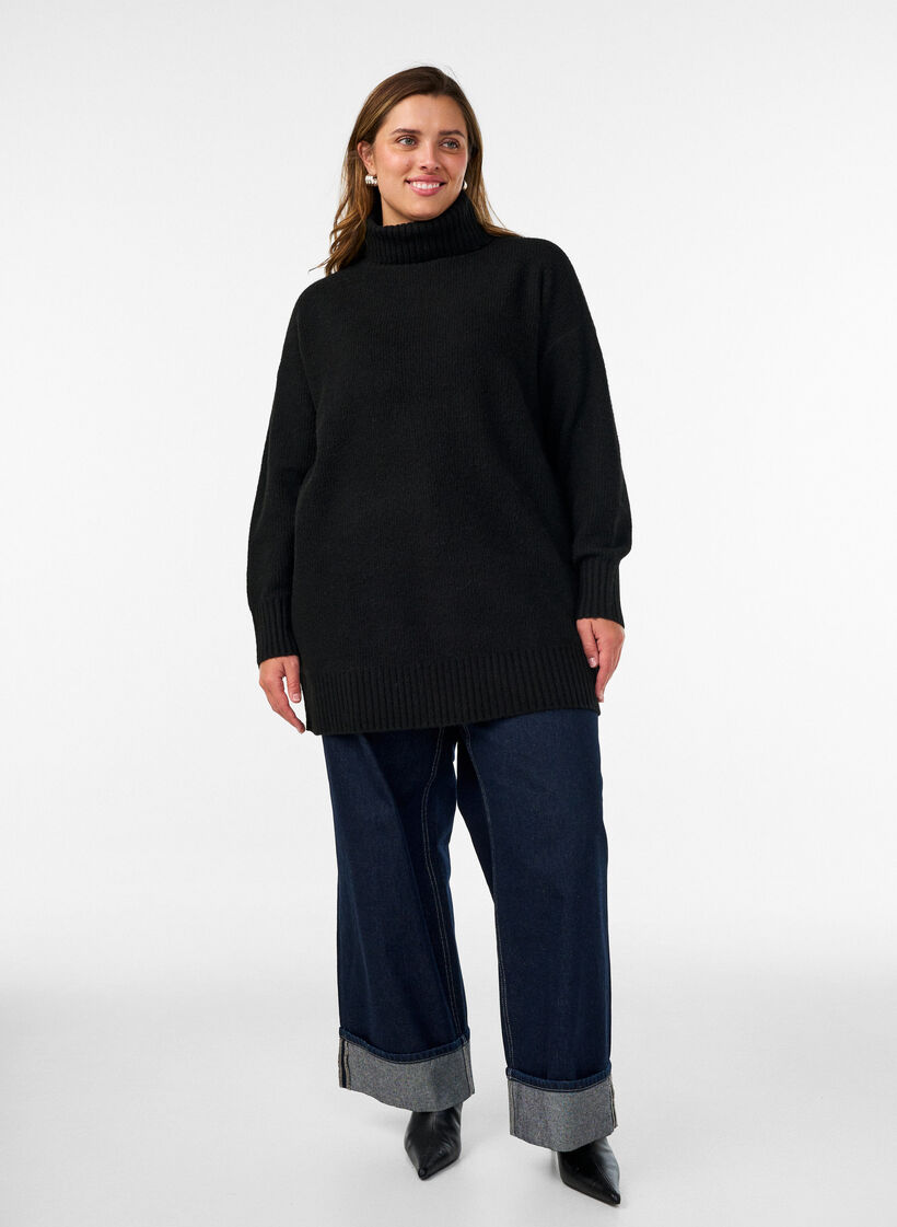 Locker gestrickter Pullover mit Rollkragen, Schwarz, Model image number 1