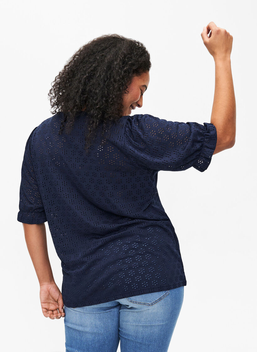 Bluse mit V-Ausschnitt und Lochmuster, Navy Blazer, Model image number 1