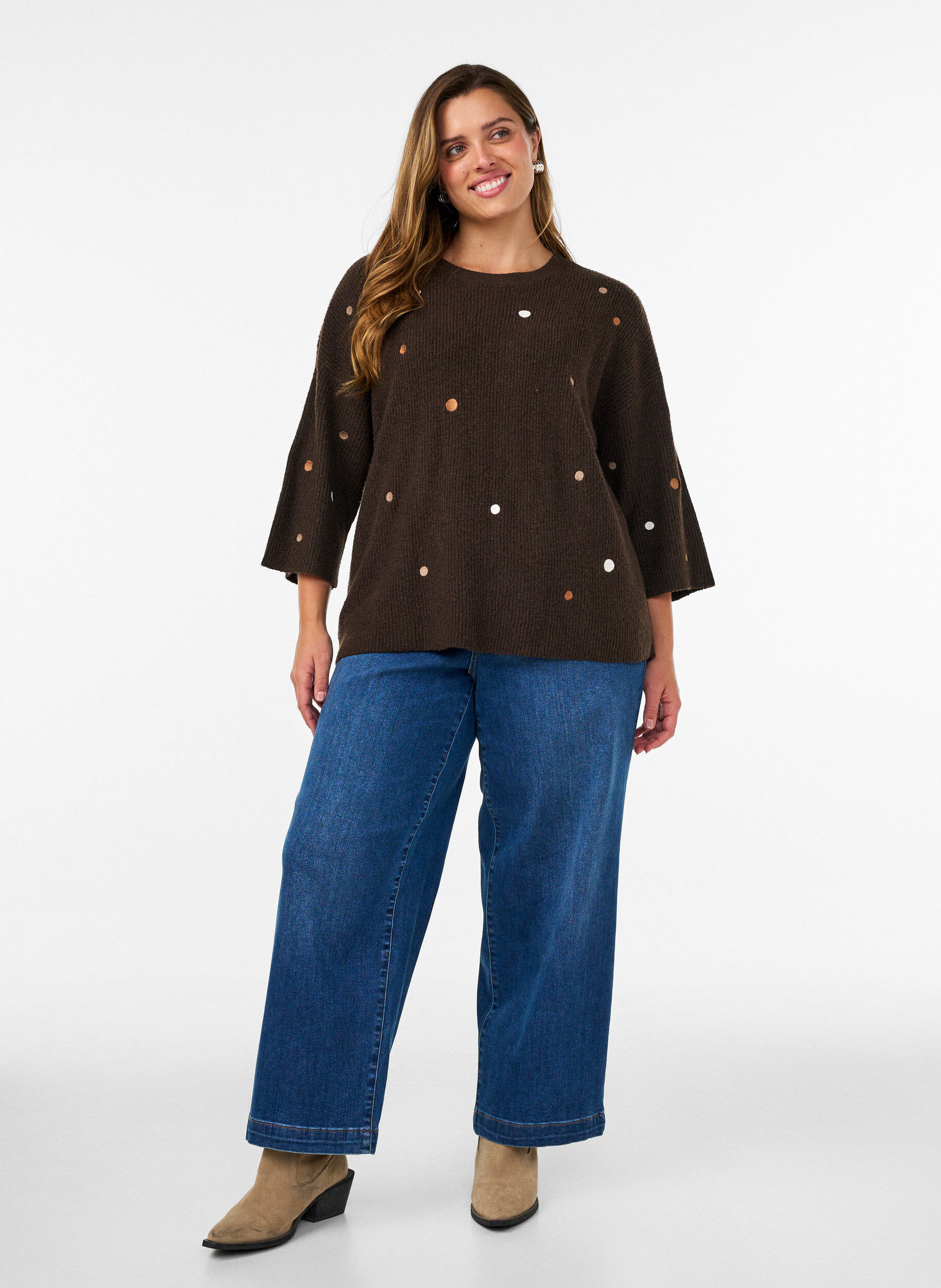 ZizziStrickbluse mit kleinen Stickmotiven, Braun, Model image number 1