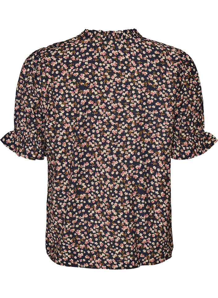 Gebl&uuml;mte Bluse aus Viskose mit kurzen &Auml;rmeln und Smockdetails, Blau, Packshot image number 1