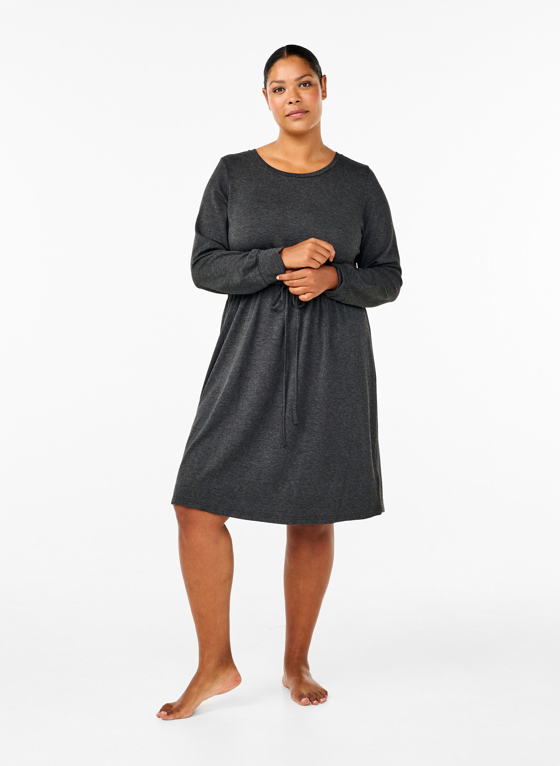 Zizzi Knielanges Jerseykleid mit B&auml;ndern zum Binden, Dark Grey Melange, Model image number 2