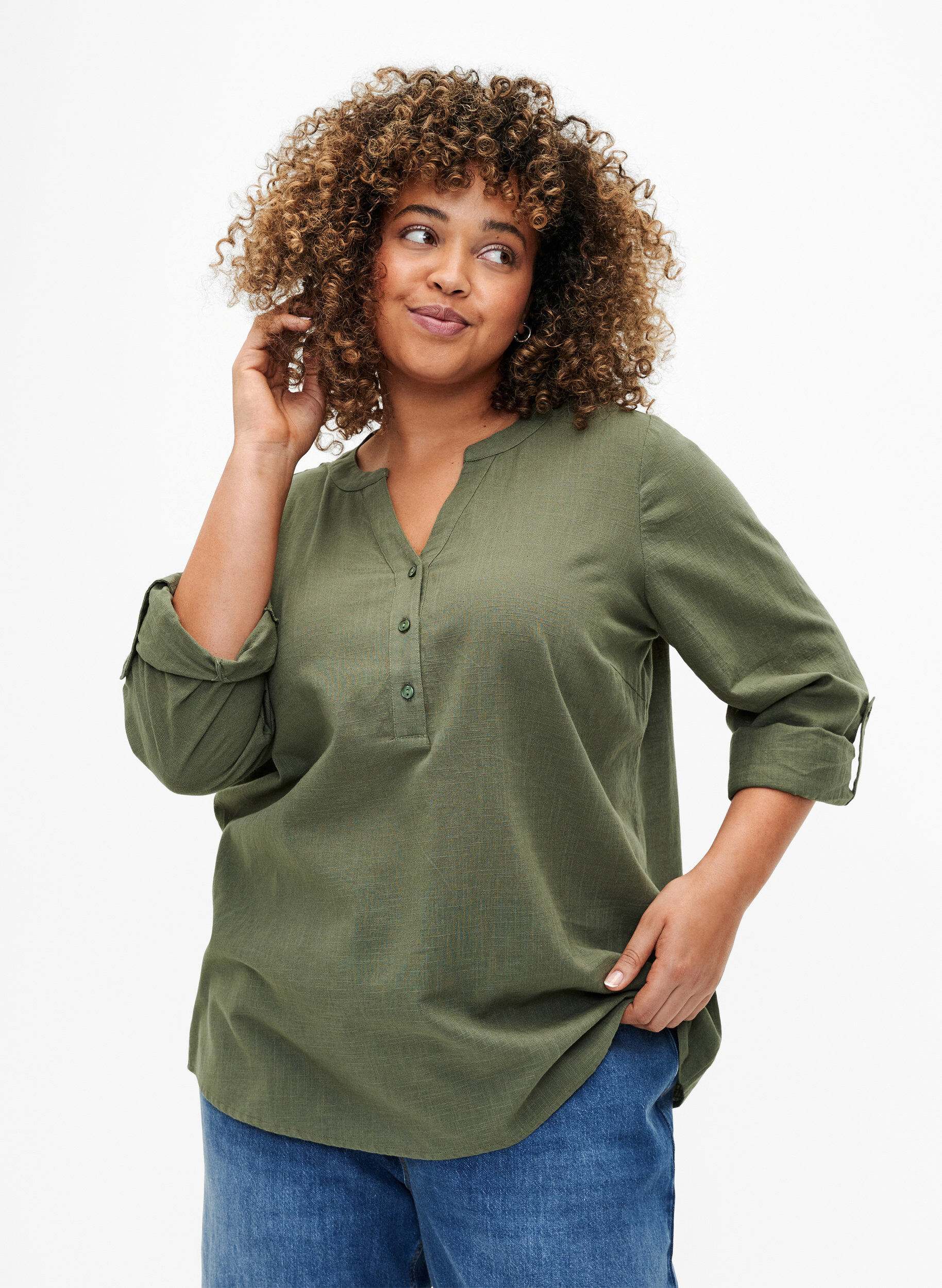 Zizzi Hemdbluse aus Baumwolle mit V-Ausschnitt, Thyme, Model image number 0