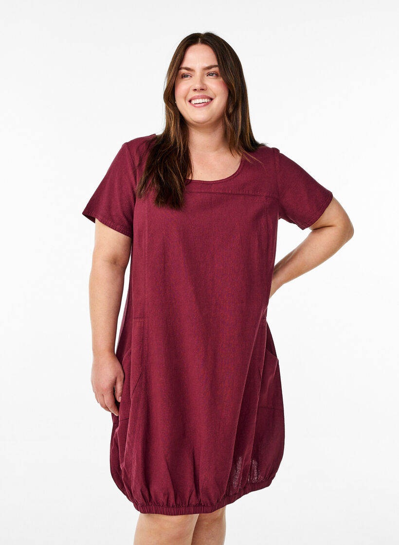 Kurzarm Kleid aus Baumwolle, Dunkles Bordeaux, Model image number 0