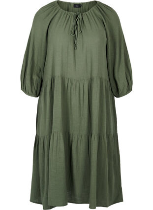 Baumwoll-Kleid mit 3/4 Ärmeln und Binde-Detail, Thyme, Packshot image number 0