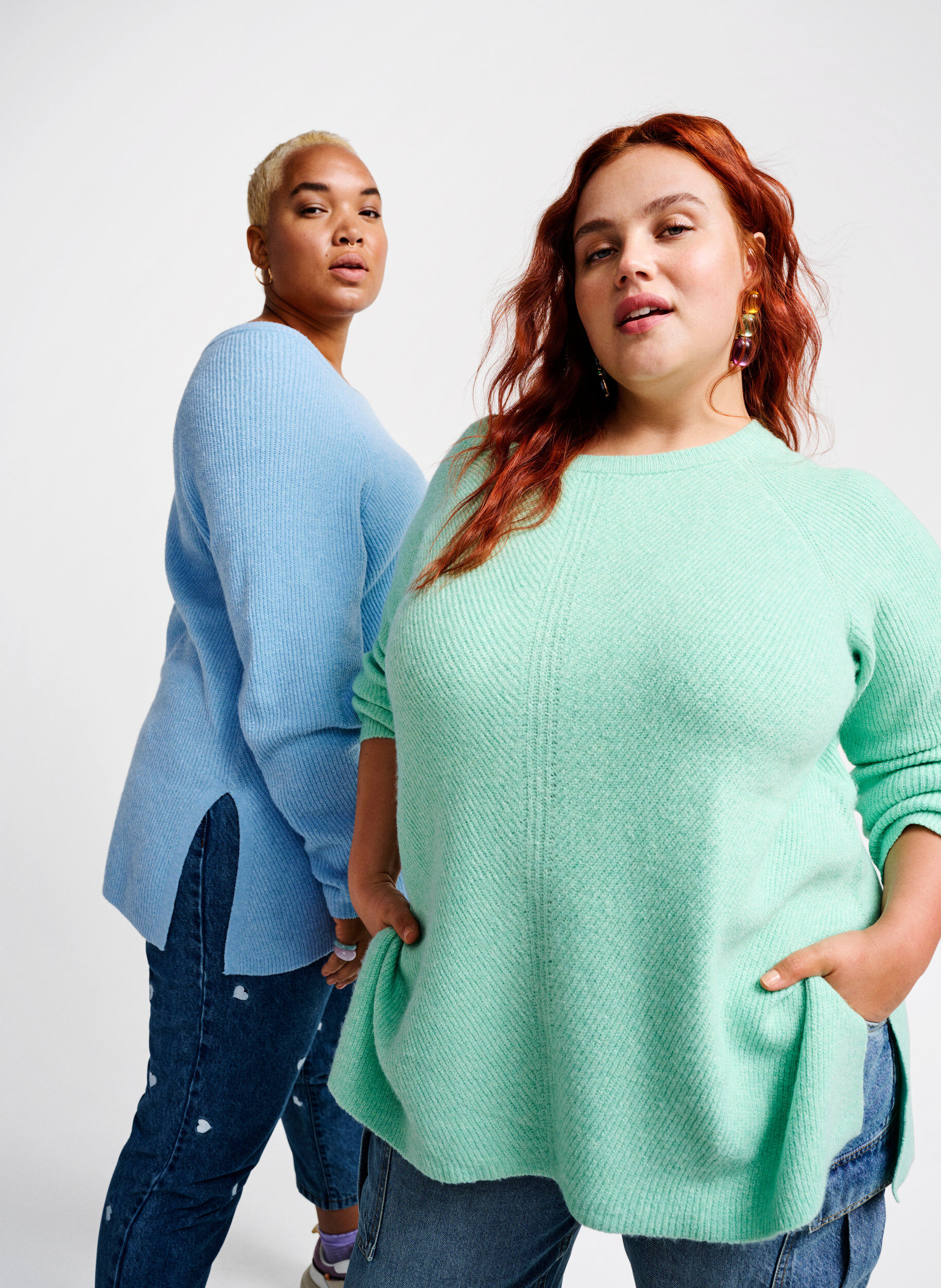 Zizzi Melange-Pullover mit Seitenschlitz, Cabbage/White, Image image number 0