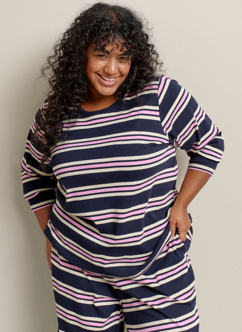 Gestreifte Pyjamahose mit weitem Bein, Blau, Image