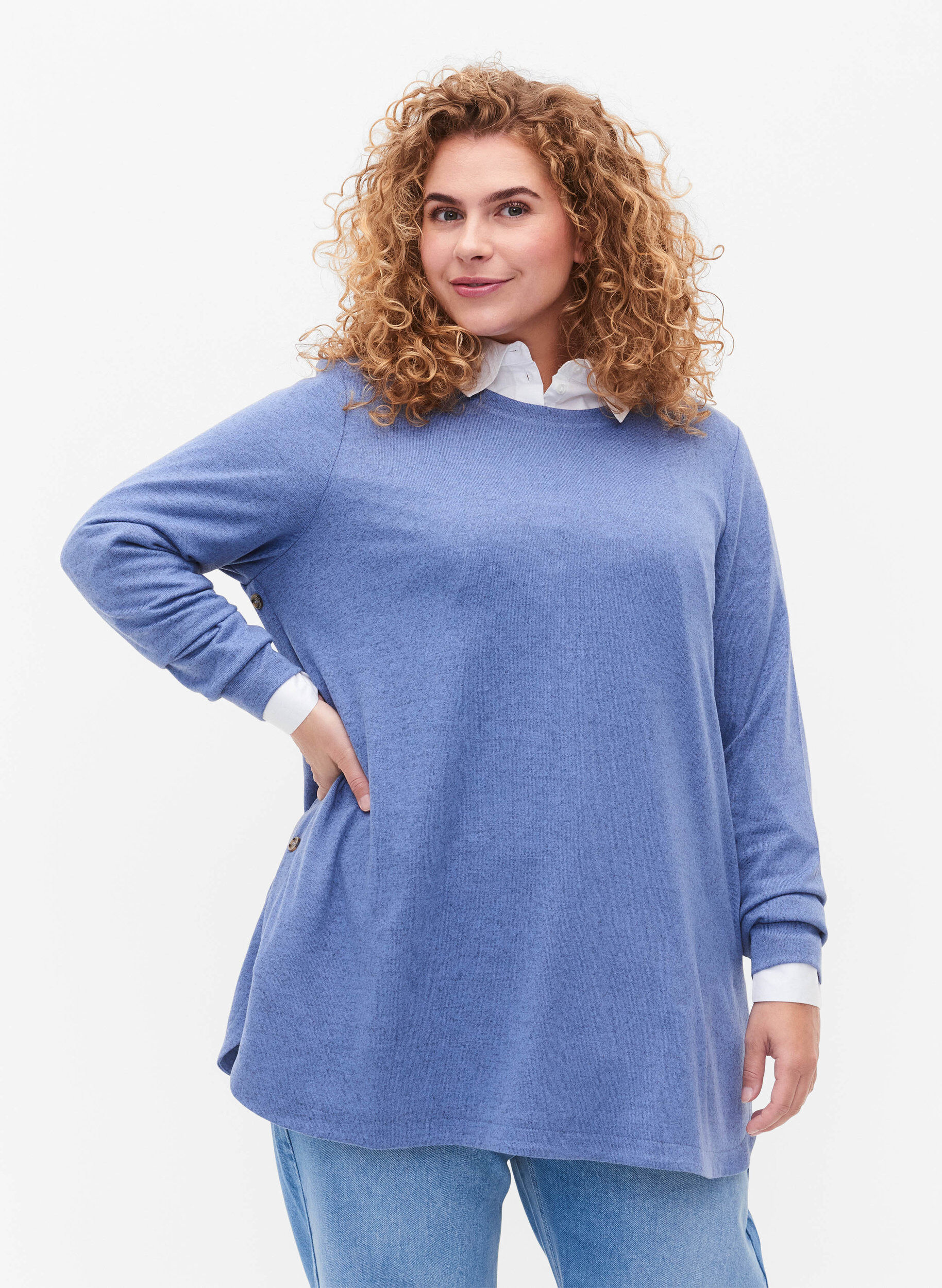 Zizzi Melange bluse mit Kn&ouml;pfen, Colony Blue Melange, Model image number 0