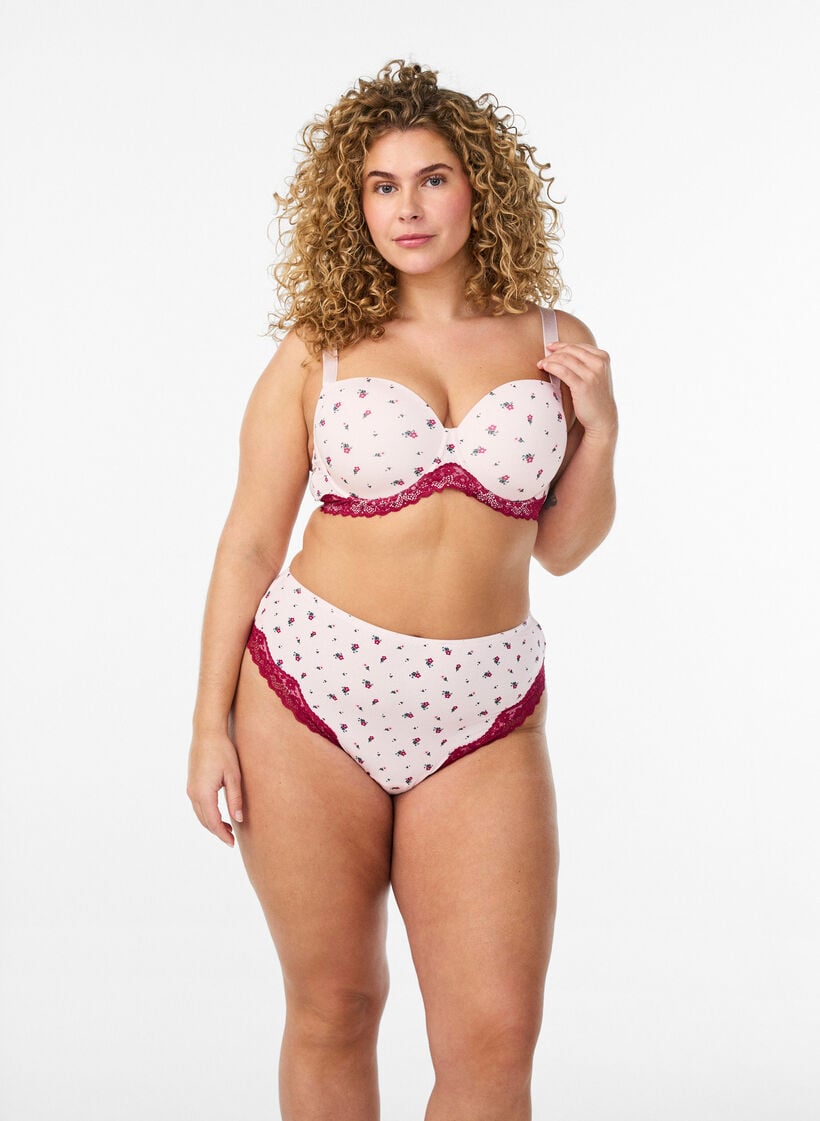 Vorgeformter BH mit Blumenmuster und Spitze, Rot, Model image number 1