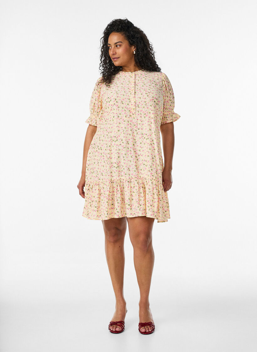 Kurzes Kleid aus Viskose mit R&uuml;schendetails, Gelb, Model image number 1