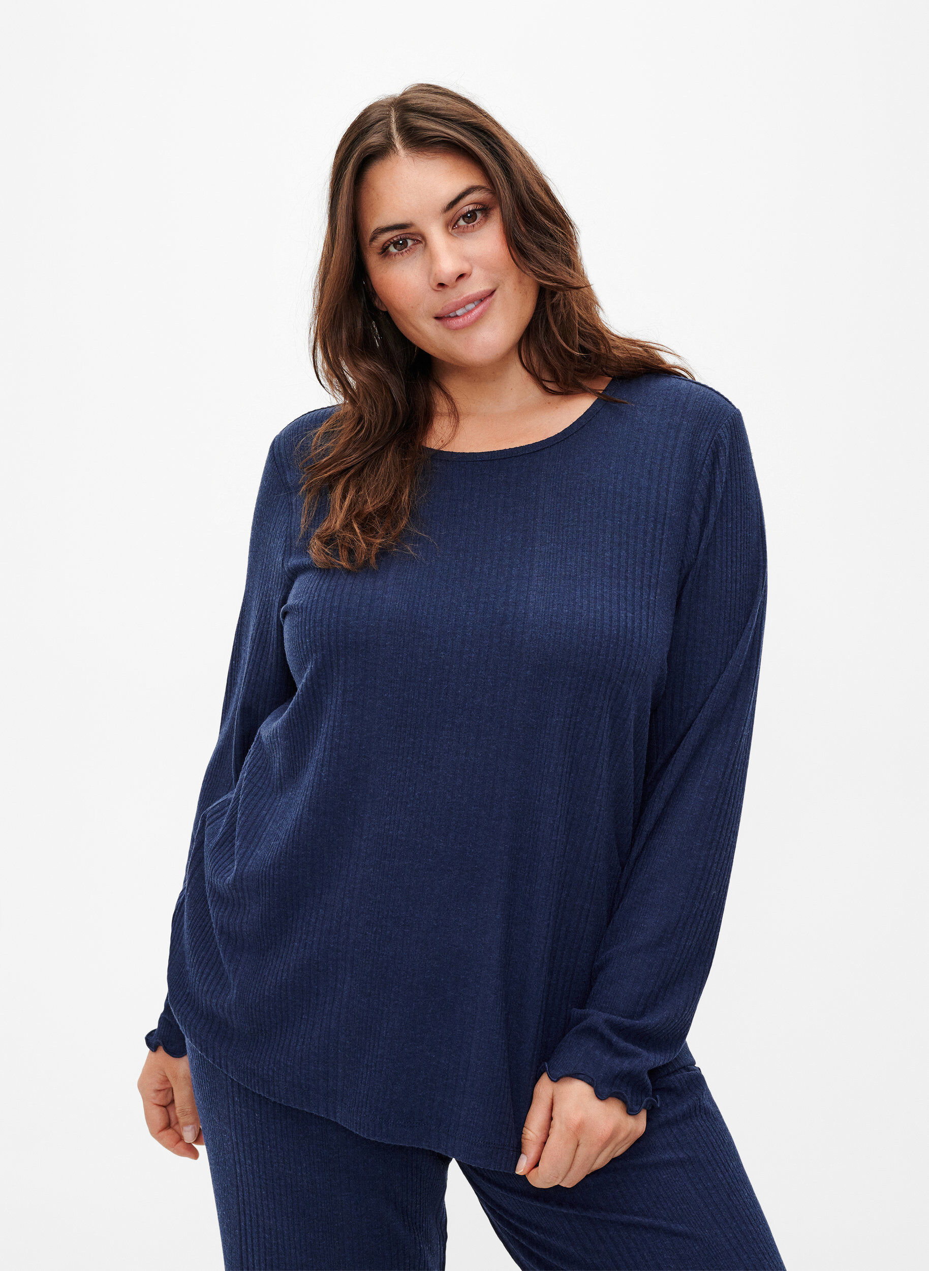Zizzi  Lang&auml;rmelige Bluse mit Streifenmuster, Night Sky Mel., Model image number 0