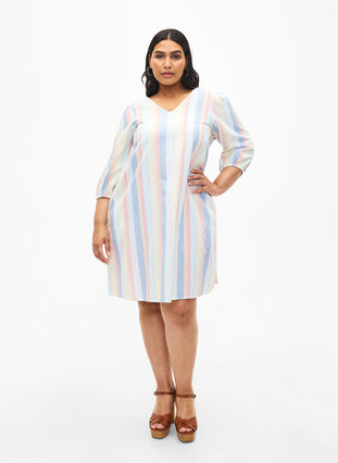 Kurzes Kleid aus Baumwollmischung mit Leinen, Multi Color Stripe, Model image number 2