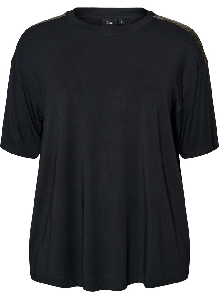 Nacht-T-Shirt aus Modal mit Kontrastband, Schwarz, Packshot image number 0
