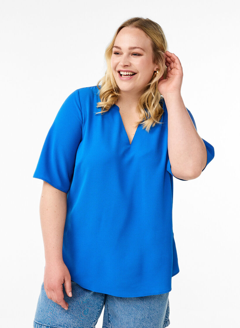 Kurzärmlige Bluse mit V-Ausschnitt, Blau, Model image number 0