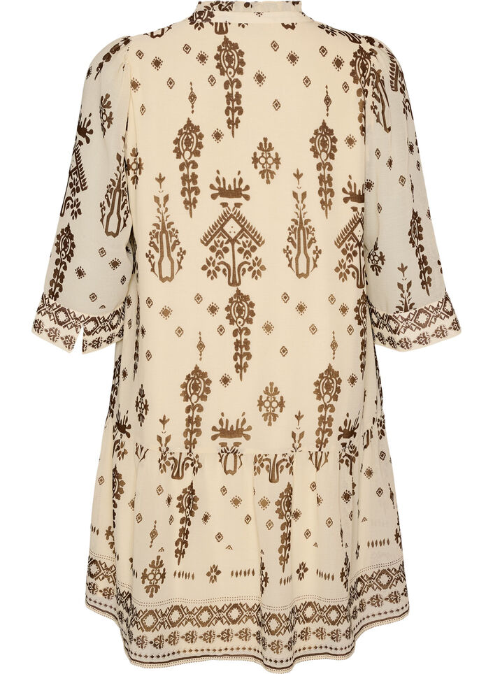 Kleid mit Ornament-Print und R&uuml;schenkragen, Beige, Packshot image number 1
