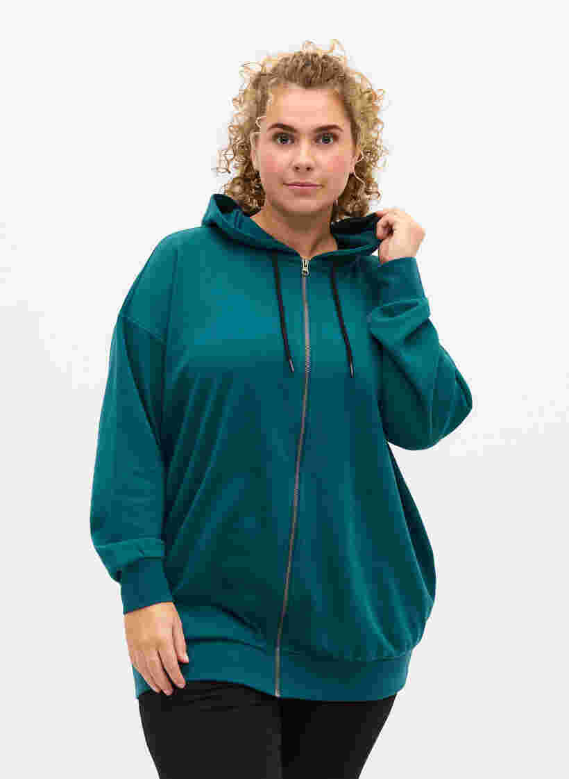 Langarm Sweatshirt mit Kapuze und Print, Deep Teal, Model image number 0