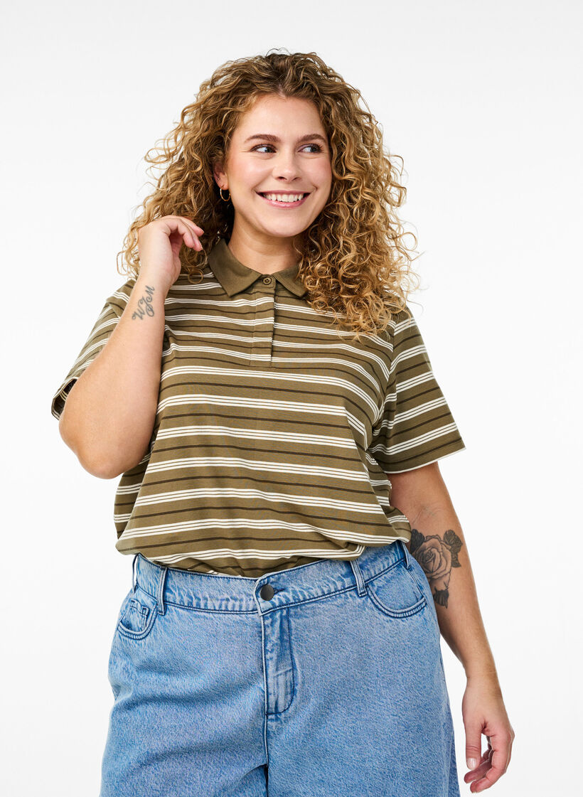 Poloshirt mit Streifen und kurzen Ärmeln, Grün, Model image number 0