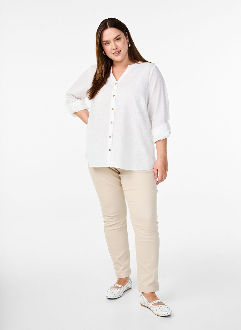 Baumwollbluse mit V-Ausschnitt, Wei&szlig;, Model image number 1