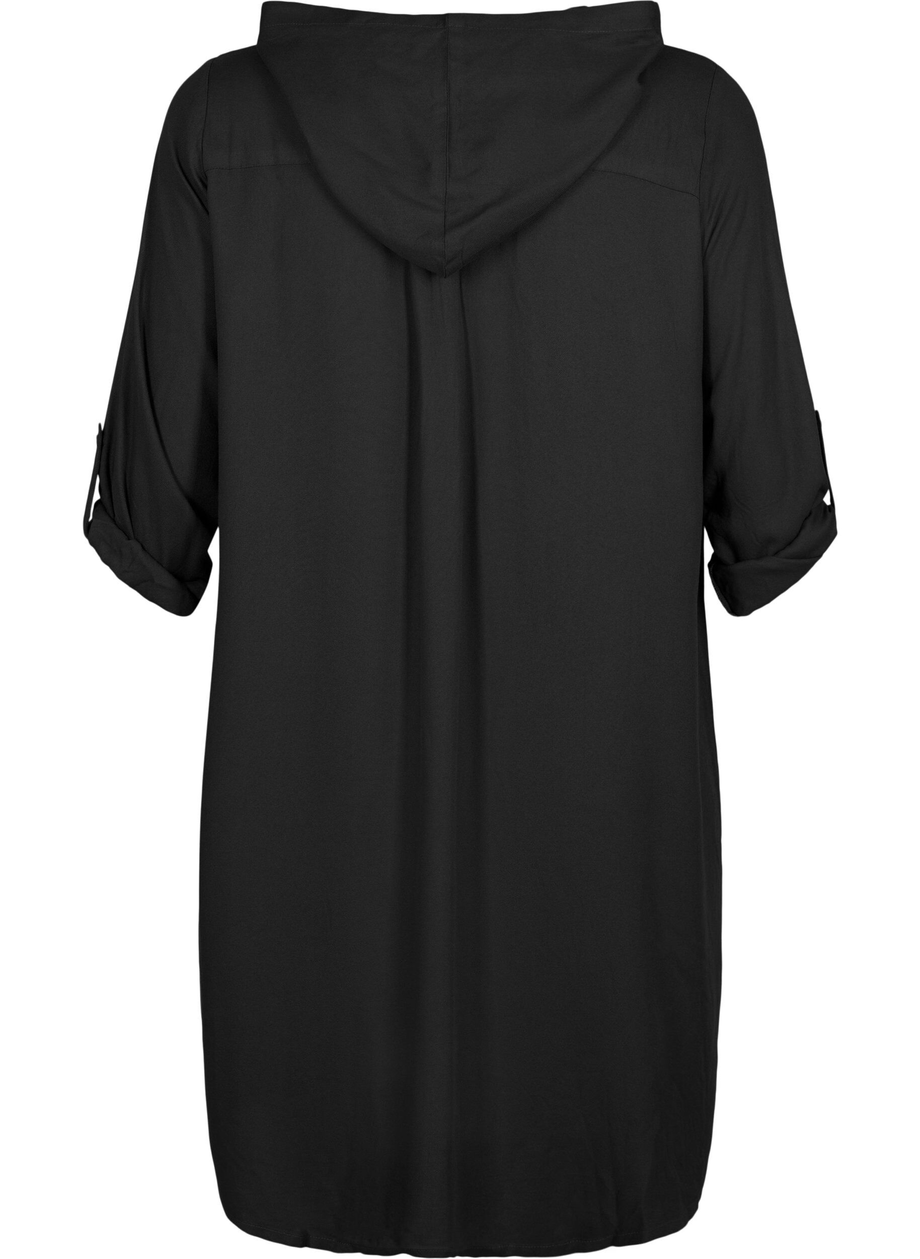 Zizzi Hemdblusenkleid aus Viskose mit Kapuze und 3/4-&Auml;rmeln, Black, Packshot image number 1
