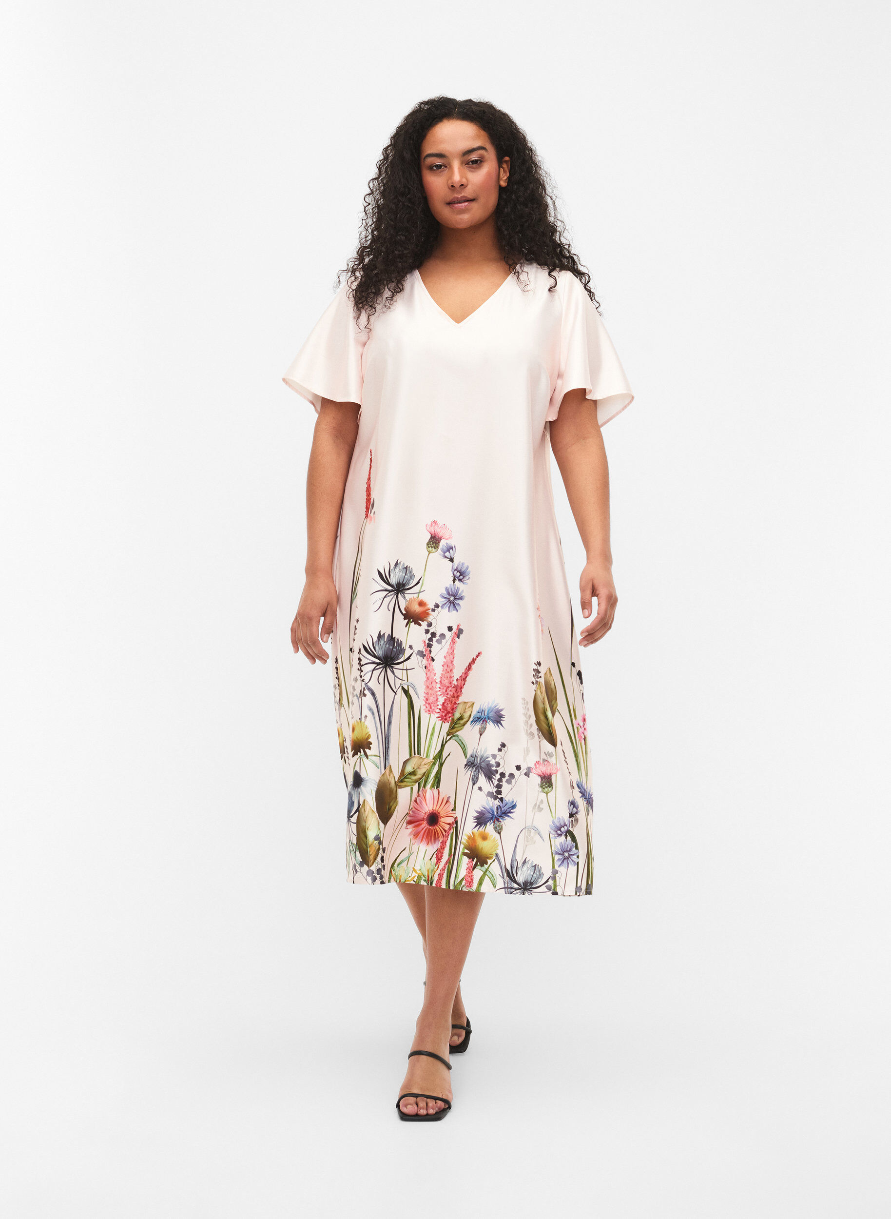 Zizzi Midikleid mit Blumenprint und kurzen &Auml;rmeln, White Sand, Model image number 0