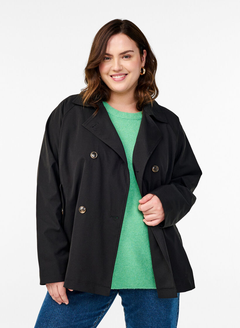 Kurzer Trenchcoat mit Taschen, Schwarz, Model image number 0