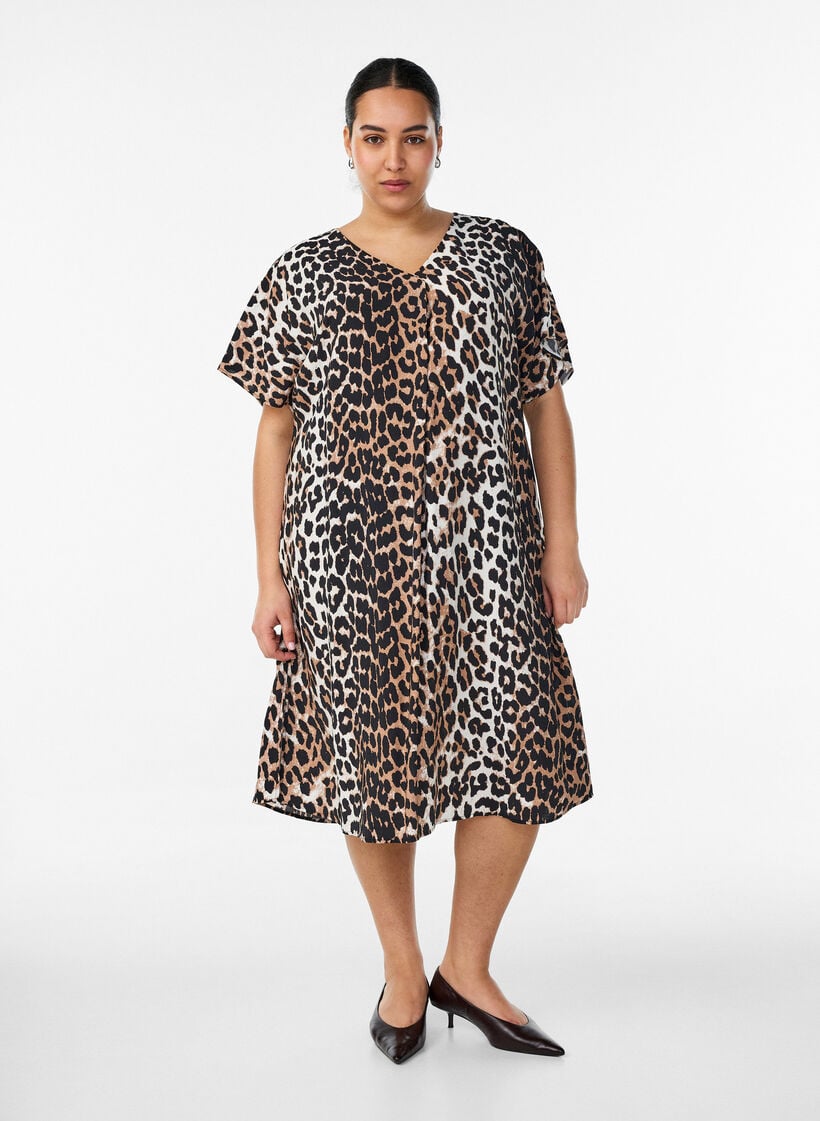 Kleid aus Viskose mit V-Ausschnitt, Braun, Model image number 0