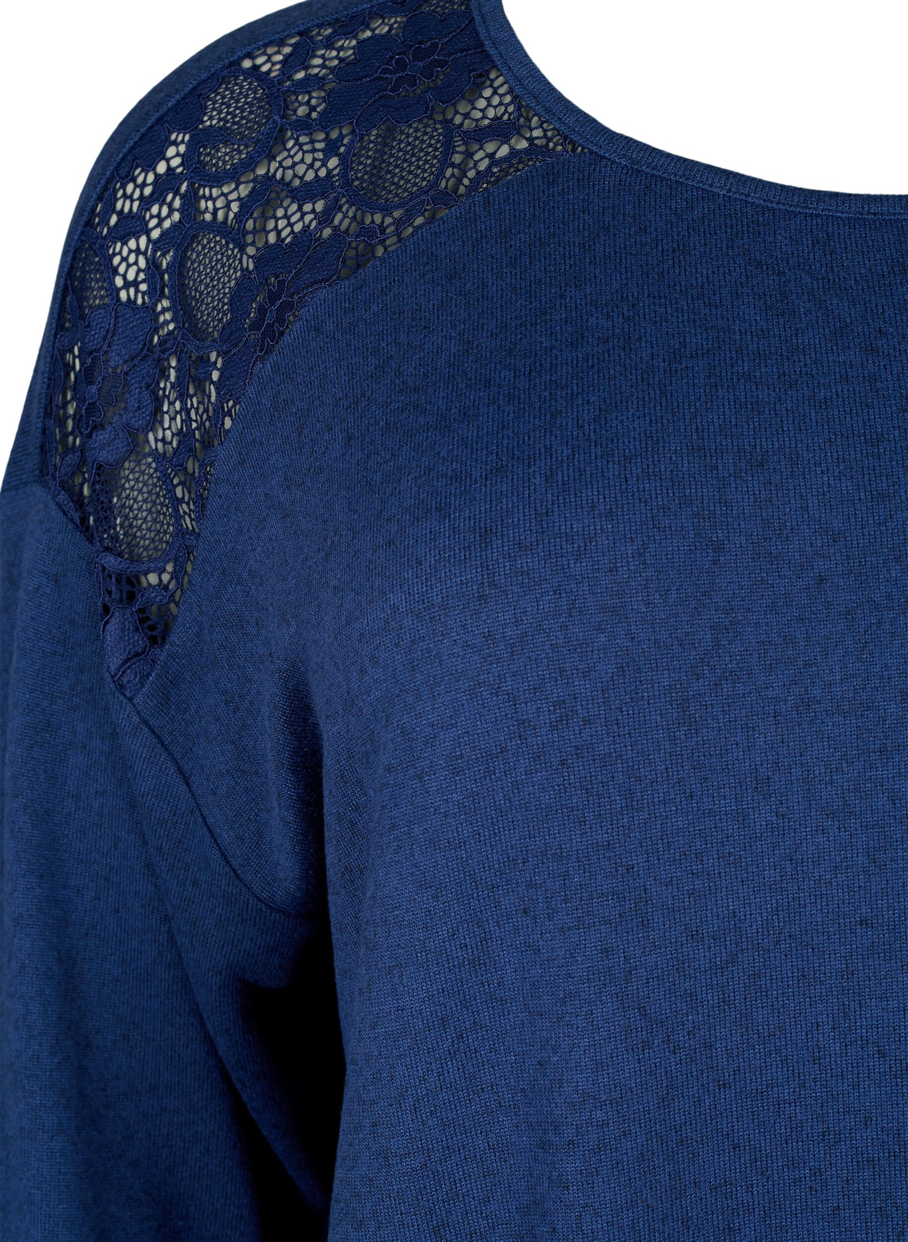 Zizzi Bluse mit 3/4-&Auml;rmeln und Spitzendetail, Medieval Blue Mel., Packshot image number 2