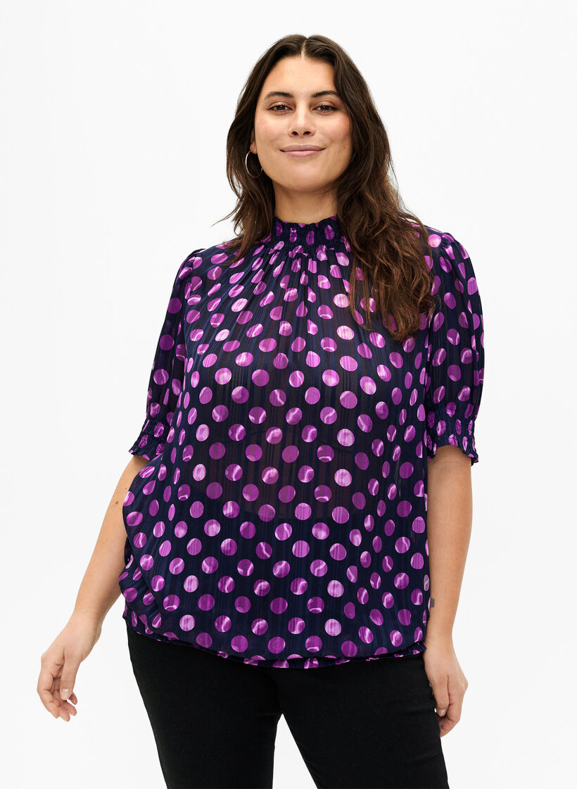 Kurzärmelige gesmokte Bluse mit Print, Medieval Bl. Dot AOP, Model image number 0