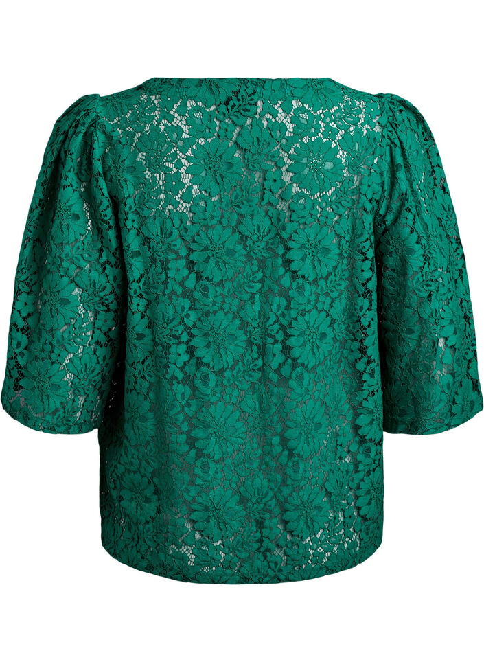 Spitzenbluse mit 3/4-Ärmeln und Schleifen auf der Vorderseite, Grün, Packshot image number 1