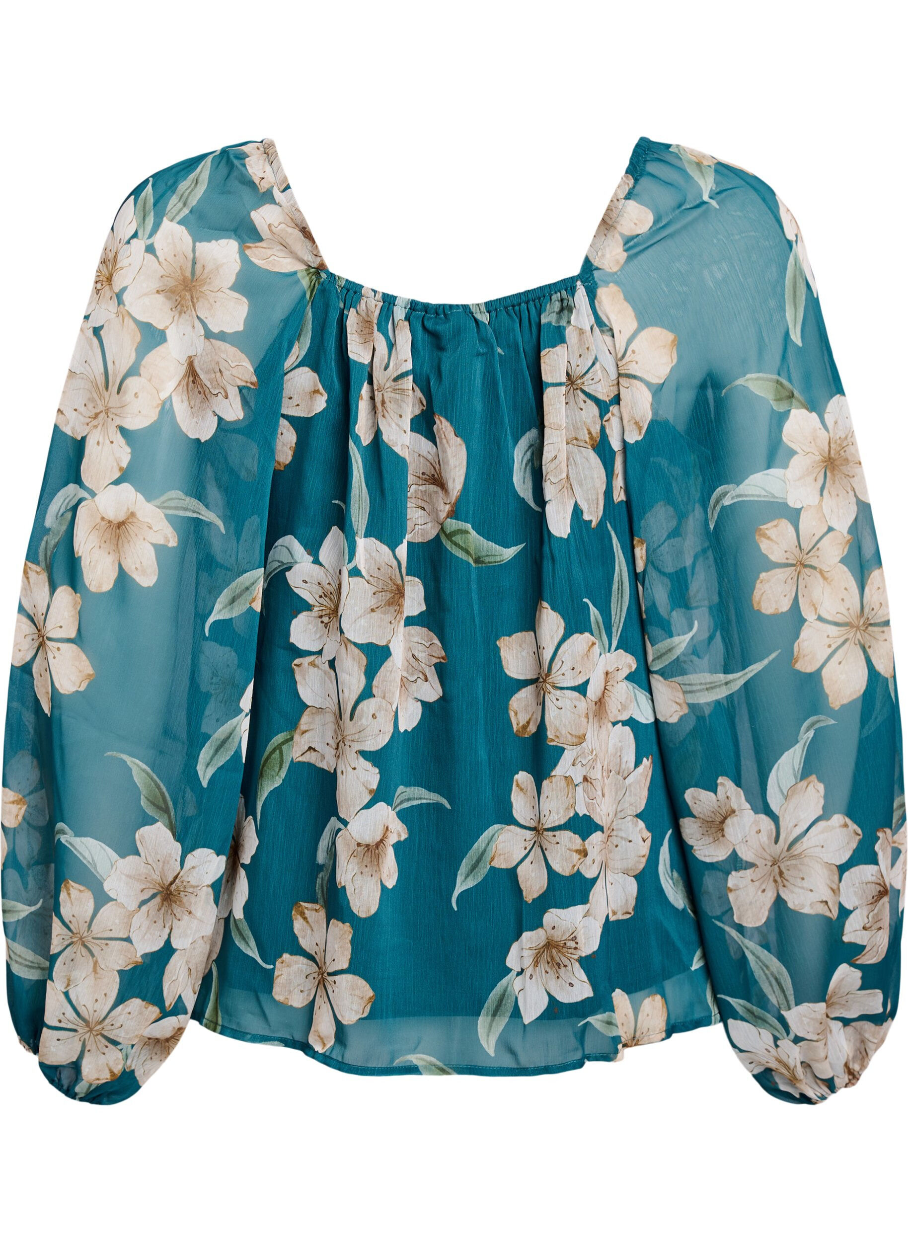 Zizzi Bluse aus Chiffon mit gebl&uuml;mtem Print und langen &Auml;rmeln, Gr&uuml;n, Packshot image number 1