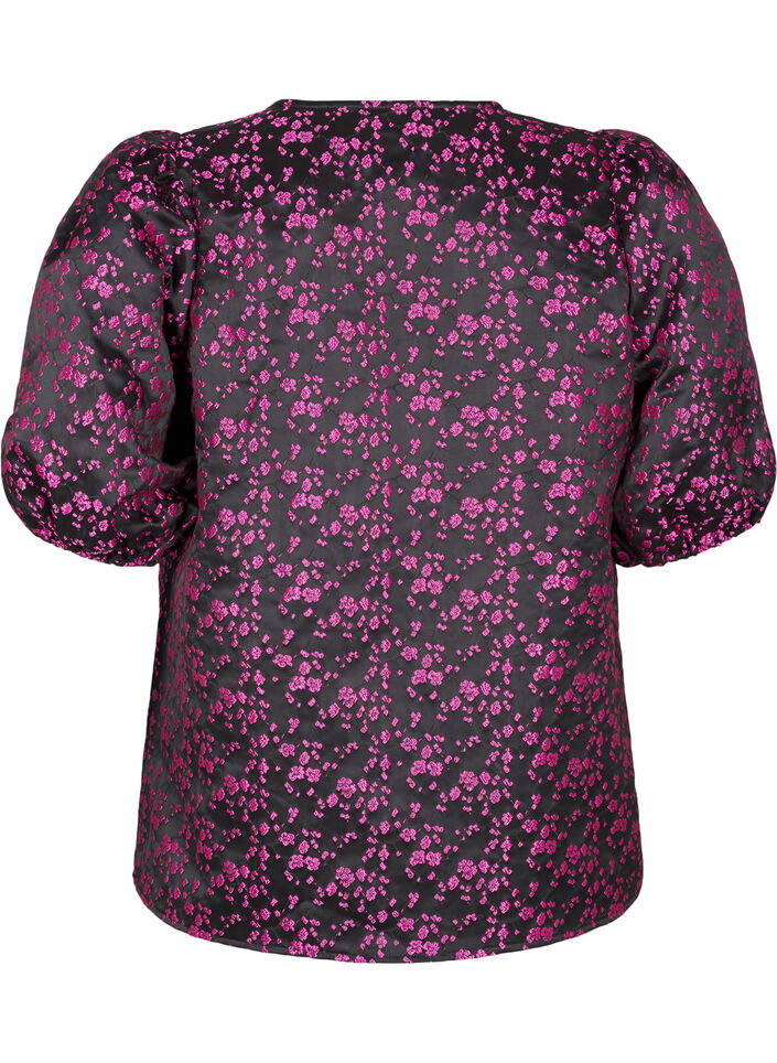 Bluse mit kurzen Ärmeln und aufgesticktem Muster, Schwarz, Packshot image number 1
