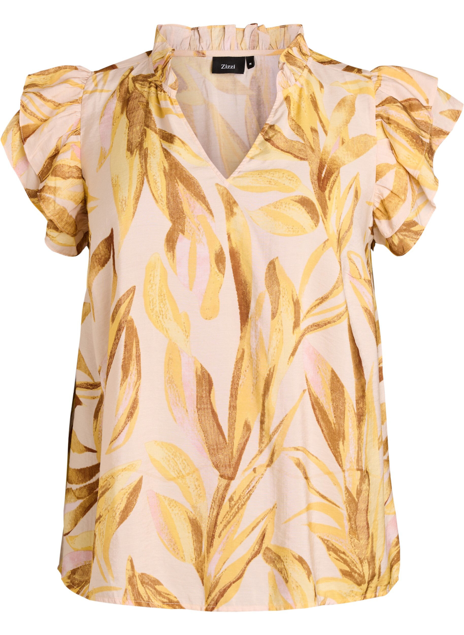 ZizziBluse aus Viskose mit Bl&auml;tterprint und R&uuml;schendetails, Gelb, Packshot image number 0