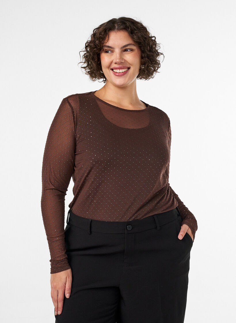 Transparente Bluse aus Mesh mit Strasssteinen, Braun, Model image number 0