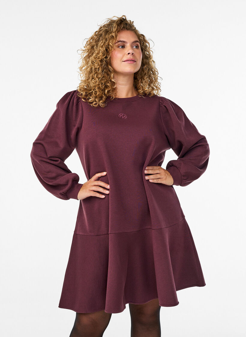 Kurzes Sweatkleid mit Rüschendetail, Dunkles Bordeaux, Model image number 0