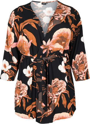 Kimono aus Viskose mit Blumenmuster, Black Flower AOP, Packshot image number 0