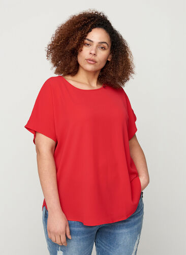 Bluse mit kurzen Ärmeln und Rundhalsausschnitt, Lipstick Red, Model image number 0