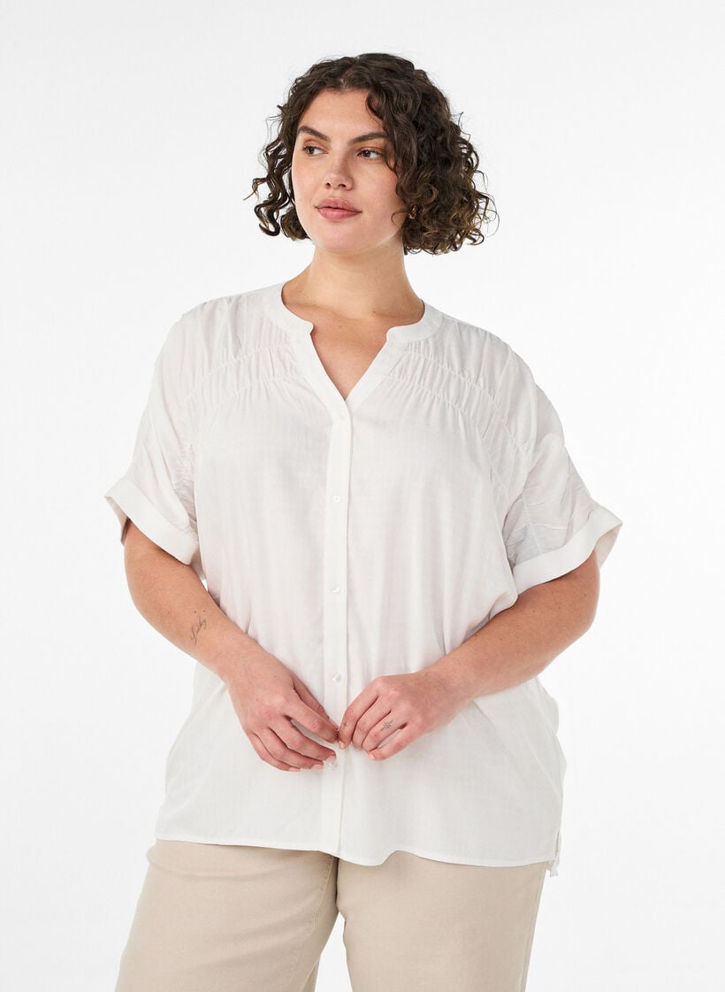 Bluse aus Viskose mit kurzen &Auml;rmeln und Raffdetails, Vanille, Model image number 0