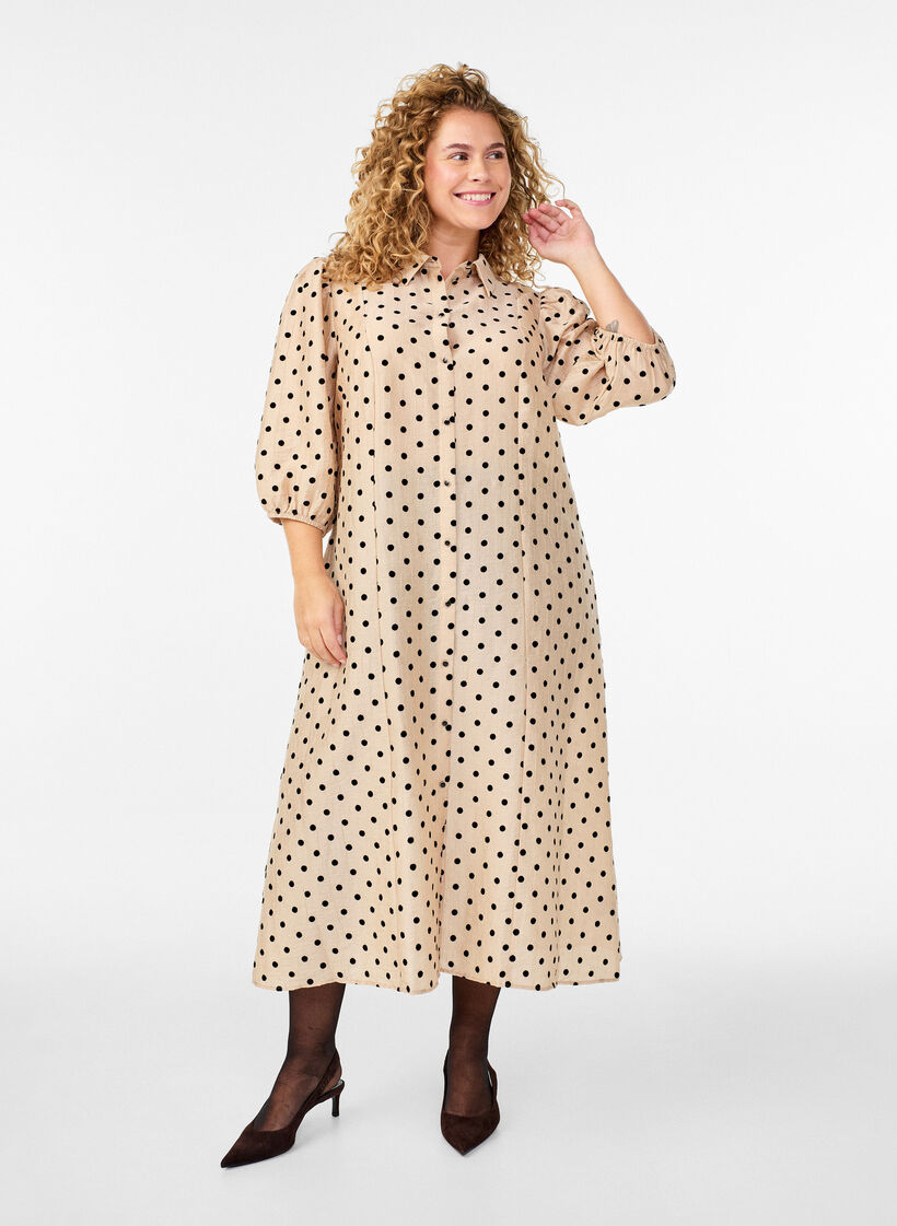 Midi-Hemdkleid mit Punkten und 3/4-Ärmeln, Beige, Model image number 0