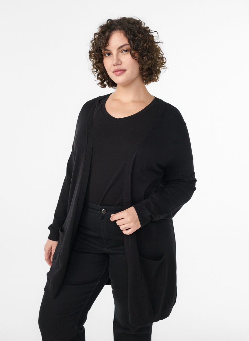 Lange Strickjacke aus einer Viskosemischung, Schwarz, Model image number 0