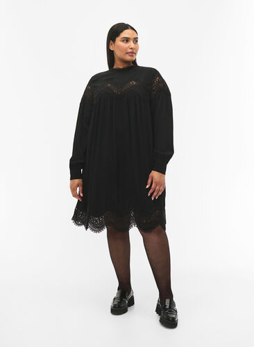 Viskose-Kleid mit Stickerei, Black, Model image number 3